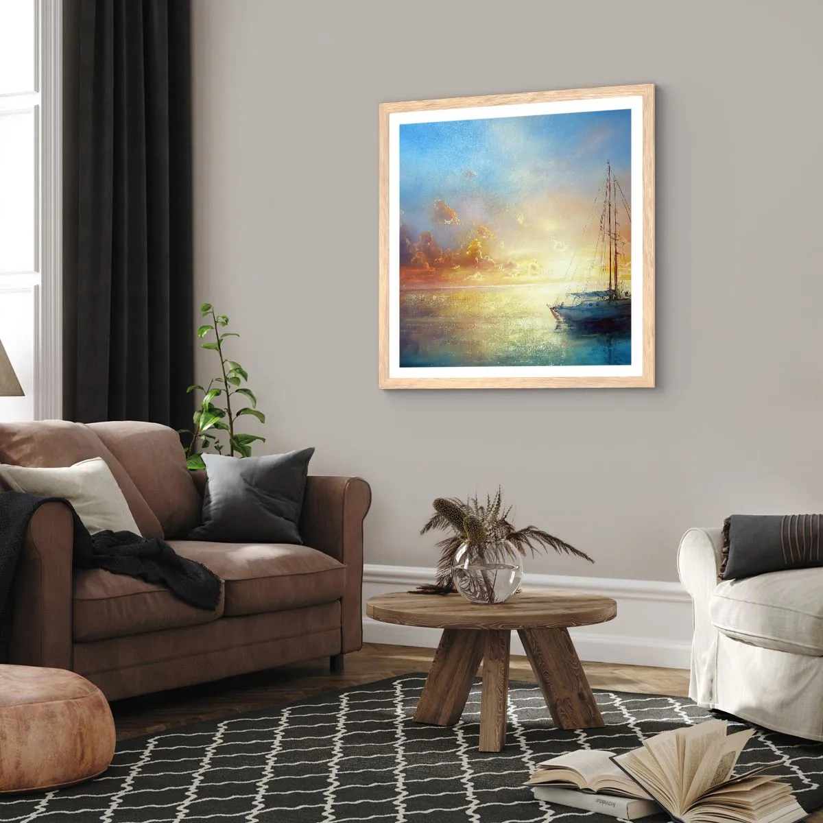 Plakat i ramme af lyst egetræ - I en gylden bugt - 60x60 cm