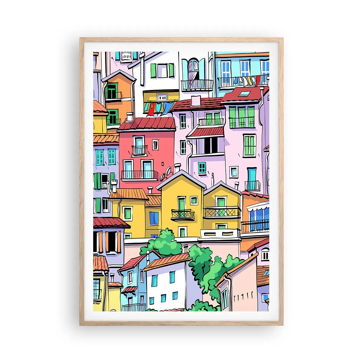 Plakat i ramme af lyst egetræ - Glædelig by - 70x100 cm