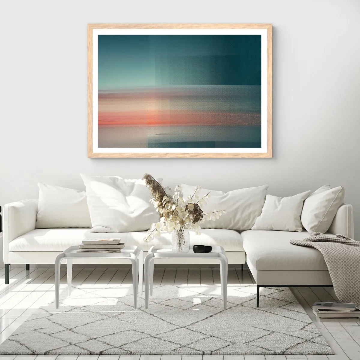 Plakat i ramme af lyst egetræ - Abstraktion: bølger af lys - 100x70 cm