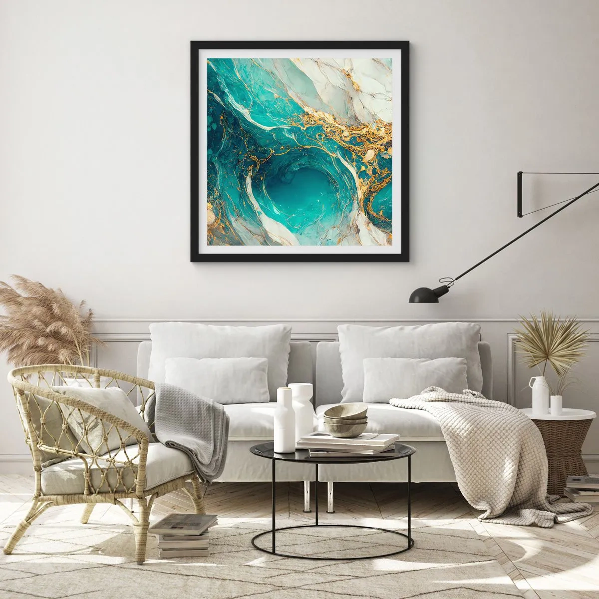 Plakat i sort ramme - Komposition med årer af guld - 30x30 cm