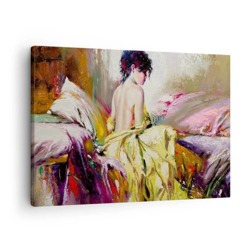 Lærredstryk - Billede på lærred - En malerisk scene af en kvinde på en seng i en romantisk atmosfære - 70x50cm - Mellem munden og kanten af