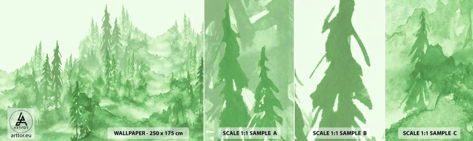Fototapet Prøve Standard Eco - Sløret af grøn tåge - Skov, Grafik, Landskab - 100x30 cm