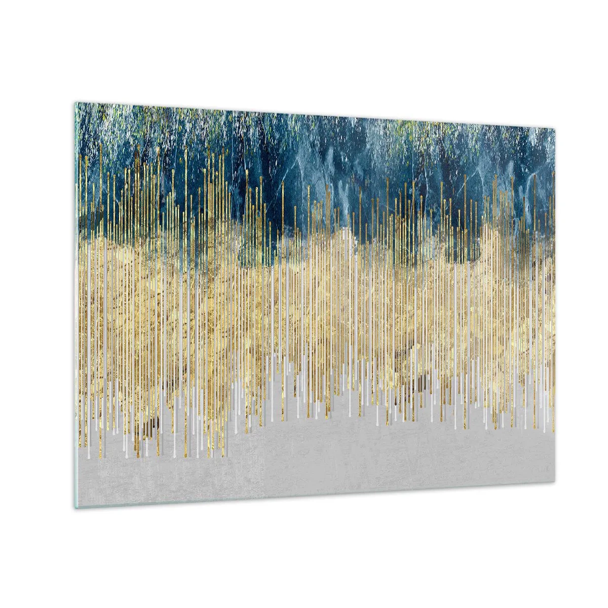 Billede på glas - Gyldne lodrette linjer mod en mørkeblå skovbaggrund - 70x50cm - Forgyldt grænse - Moderne vægdekoration til stue og soveværelse ARTTOR