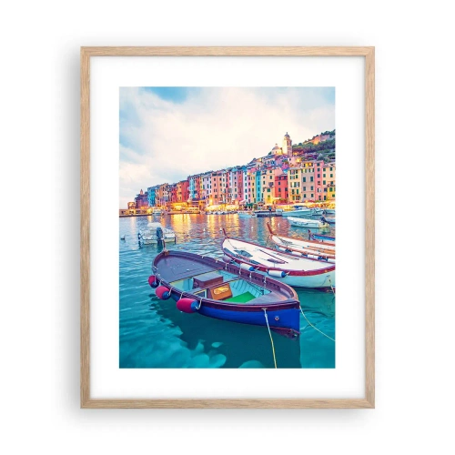 Plakat i ramme af lyst egetræ - En farverig aften i havnen - 40x50 cm
