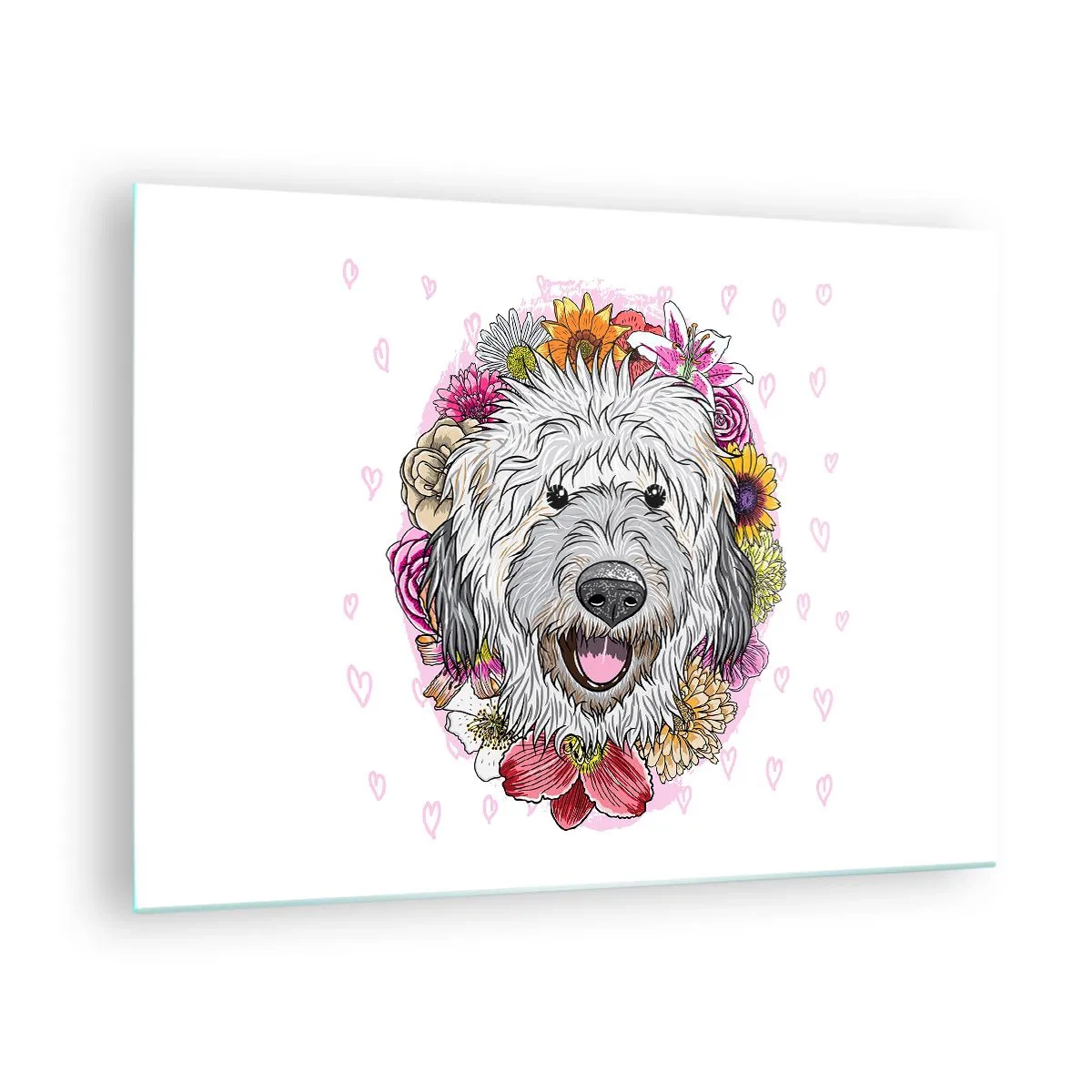Billede på glas - Illustration af en hund omgivet af blomster - 70x50cm - Hvalpens glæde - Moderne vægdekoration til stue og soveværelse ARTTOR