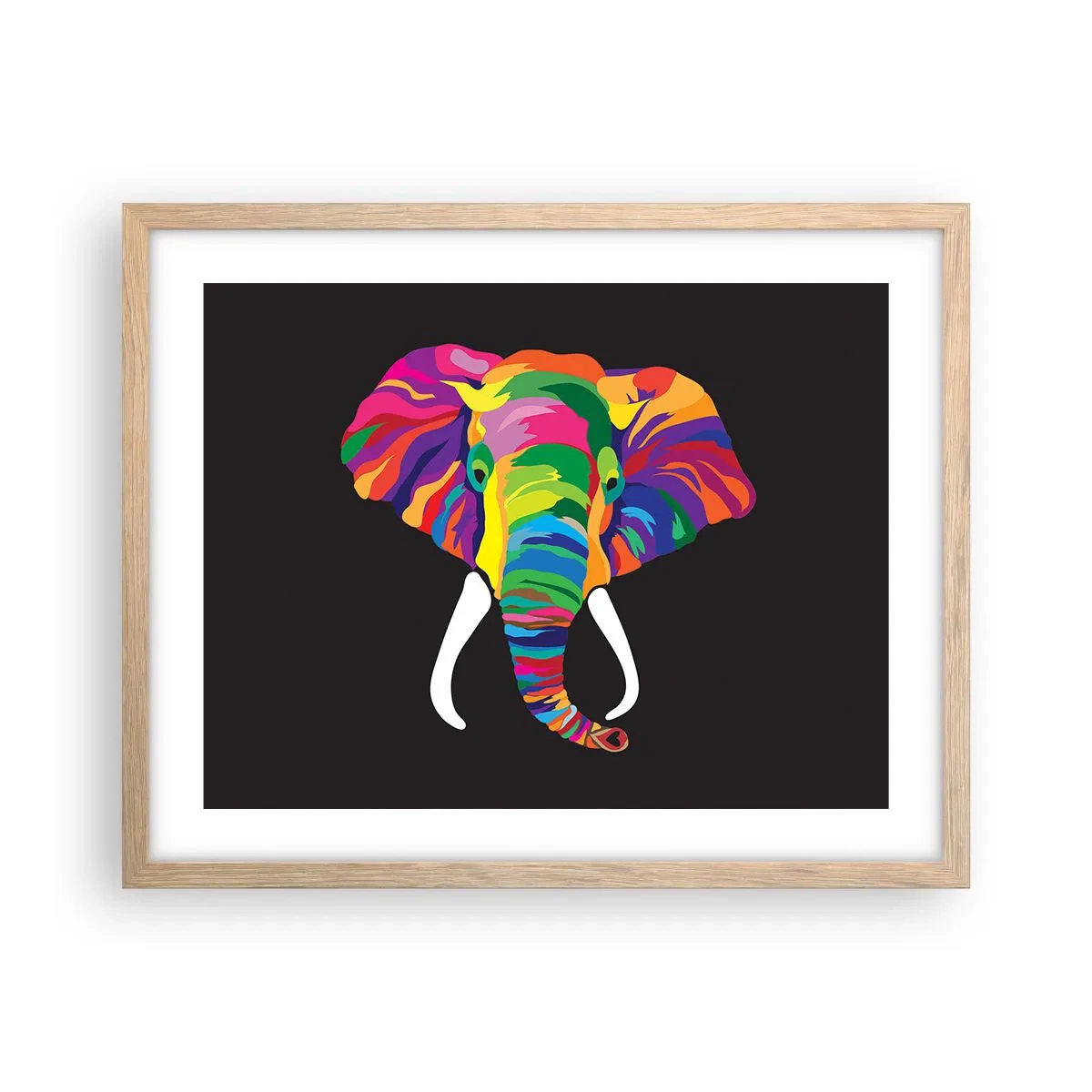 Plakat i ramme af lyst egetræ - Elefanten, der elskede at bade i regnbuen - 50x40 cm