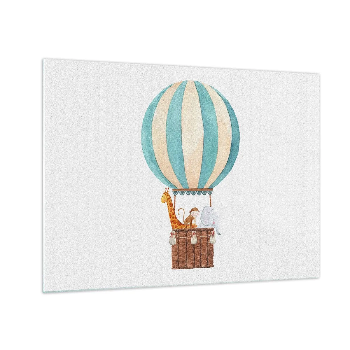 Billede på glas - En ballon med en giraf, en abe og en elefant på en hvid baggrund - 70x50cm - Fantastisk tur - Moderne vægdekoration til stue og soveværelse ARTTOR