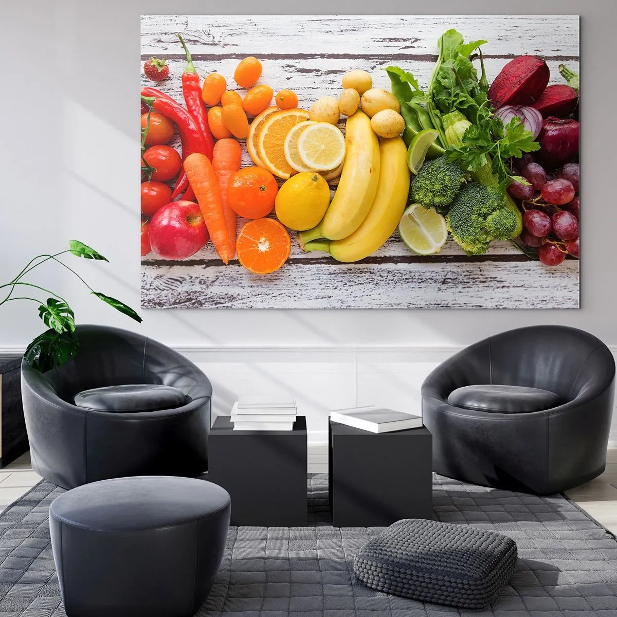 Billede på glas - Farverige frugter og grøntsager arrangeret på et træbord - 70x50cm - Er det ikke nok? - Moderne vægdekoration til stue og soveværelse ARTTOR