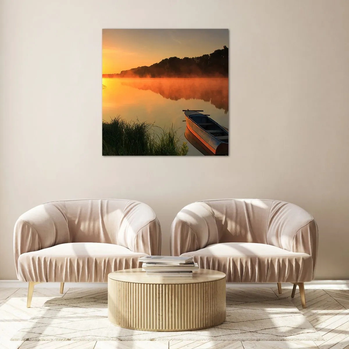 Billede på glas - Solopgang over vand som en spejlplade - 50x50 cm