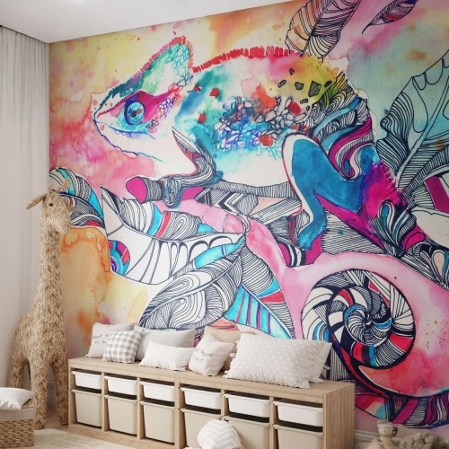 Fototapet Selvklæbende Deluxe Sticker - Lige så farverig som vores verden - Kamæleon, Abstraktion, Natur - 150x105 cm