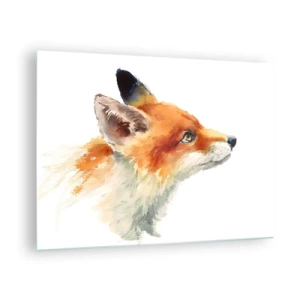 Billede på glas - Akvarel illustration af en ræv, der kigger ud i det fjerne - 70x50cm - Man kan aldrig være for forsigtig - Moderne vægdekoration til stue og soveværelse ARTTOR
