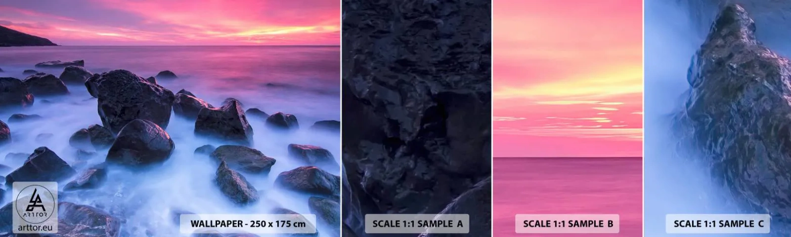 Fototapet Prøve Standard Eco - Fødsel i glimmer og tåge - Landskab, Ocean, Solnedgang - 100x30 cm