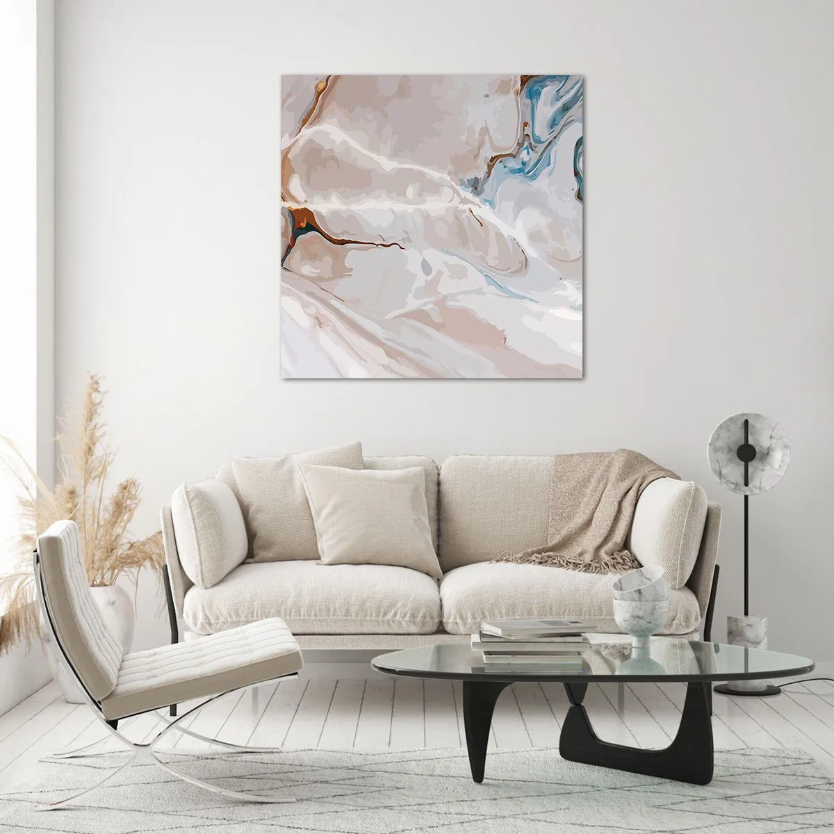 Billede på glas - Blå slynger sig under det hvide - 70x70 cm