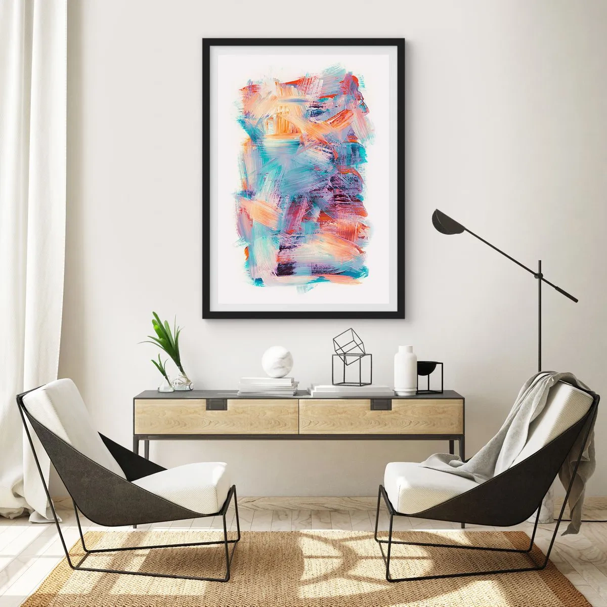 Plakat i sort ramme - Udtryksfuld abstraktion i nuancer af orange og blå - 50x70cm - Farverigt rod - Moderne vægdekoration til stue og soveværelse ARTTOR