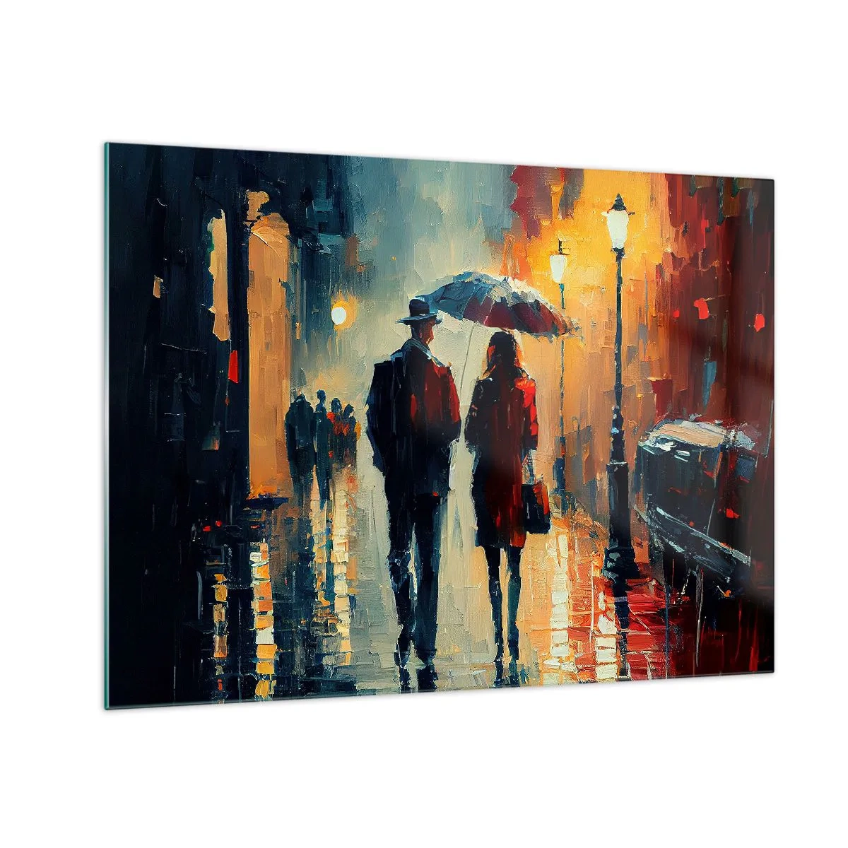 Billede på glas - Et par med en paraply går ned ad en våd gade om natten. - 70x50cm - Urban kærlighedshistorie - Moderne vægdekoration til stue og soveværelse ARTTOR
