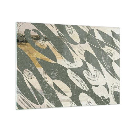 Billede på glas - En grøn og beige komposition med dynamiske organiske former - 70x50cm - Rytmisk abstraktion - Moderne vægdekoration til stue og soveværelse ARTTOR