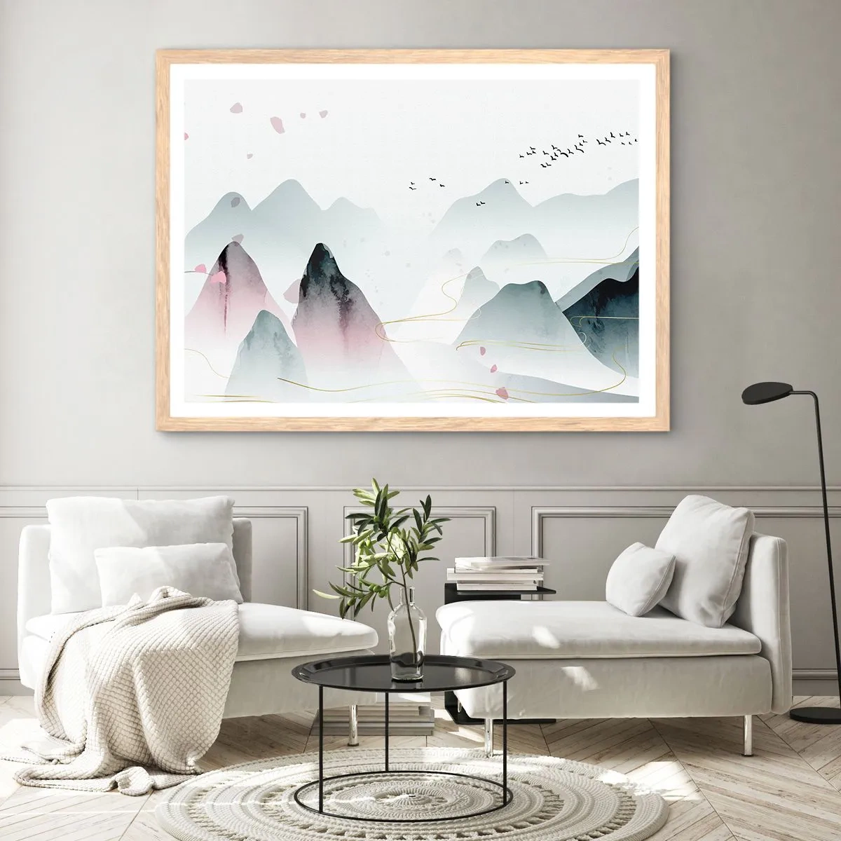 Plakat i ramme af lyst egetræ - Over toppene - 100x70 cm