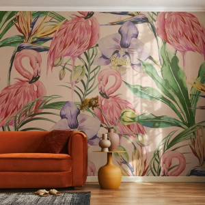 Fototapet Standard Eco - Lyserød blomstret ballet - Fugl, Flamingo, Jungle - 400x280 cm