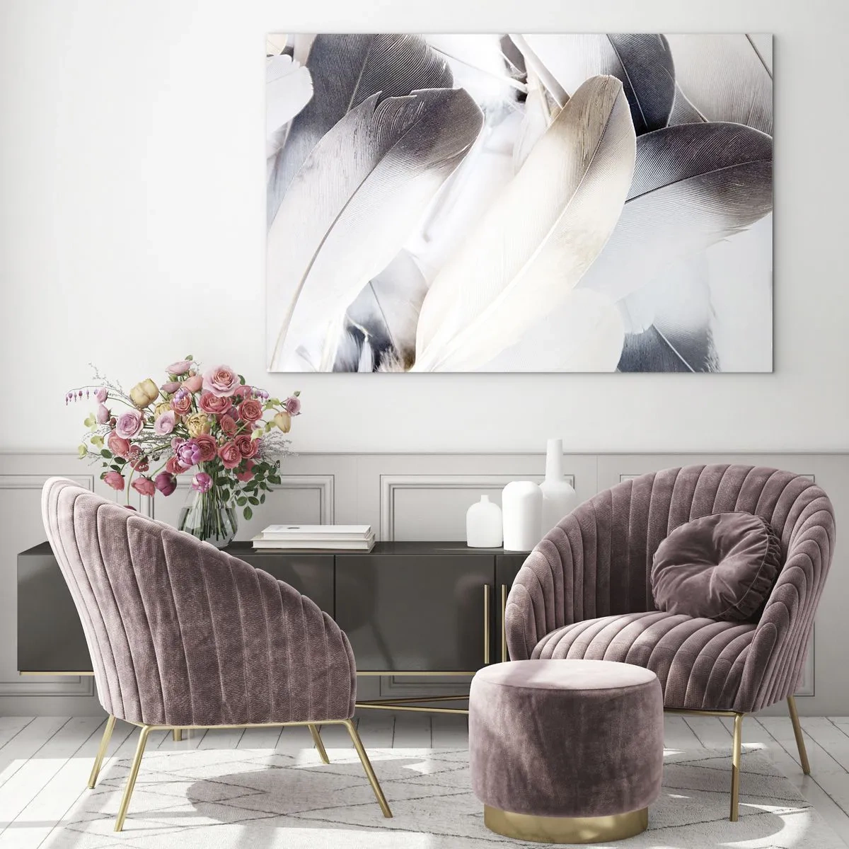 Billede på glas - Delikate, lyse fjer i nuancer af hvid og grå - 70x50cm - Næsten engleagtig - Moderne vægdekoration til stue og soveværelse ARTTOR