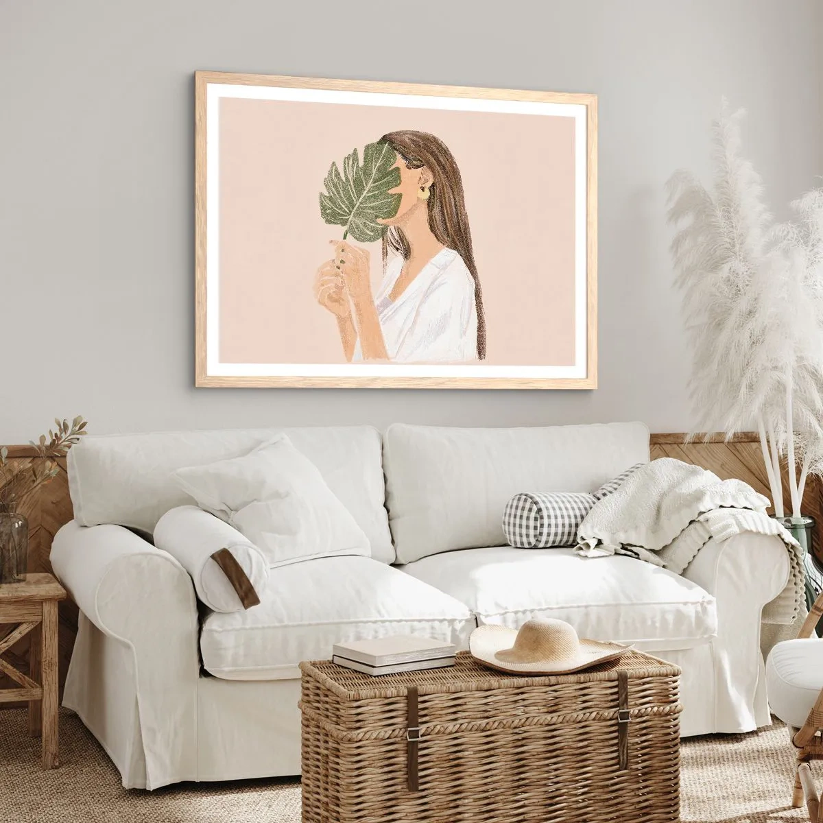 Plakat i ramme af lyst egetræ - Mystisk portræt med en vifte - 40x30 cm