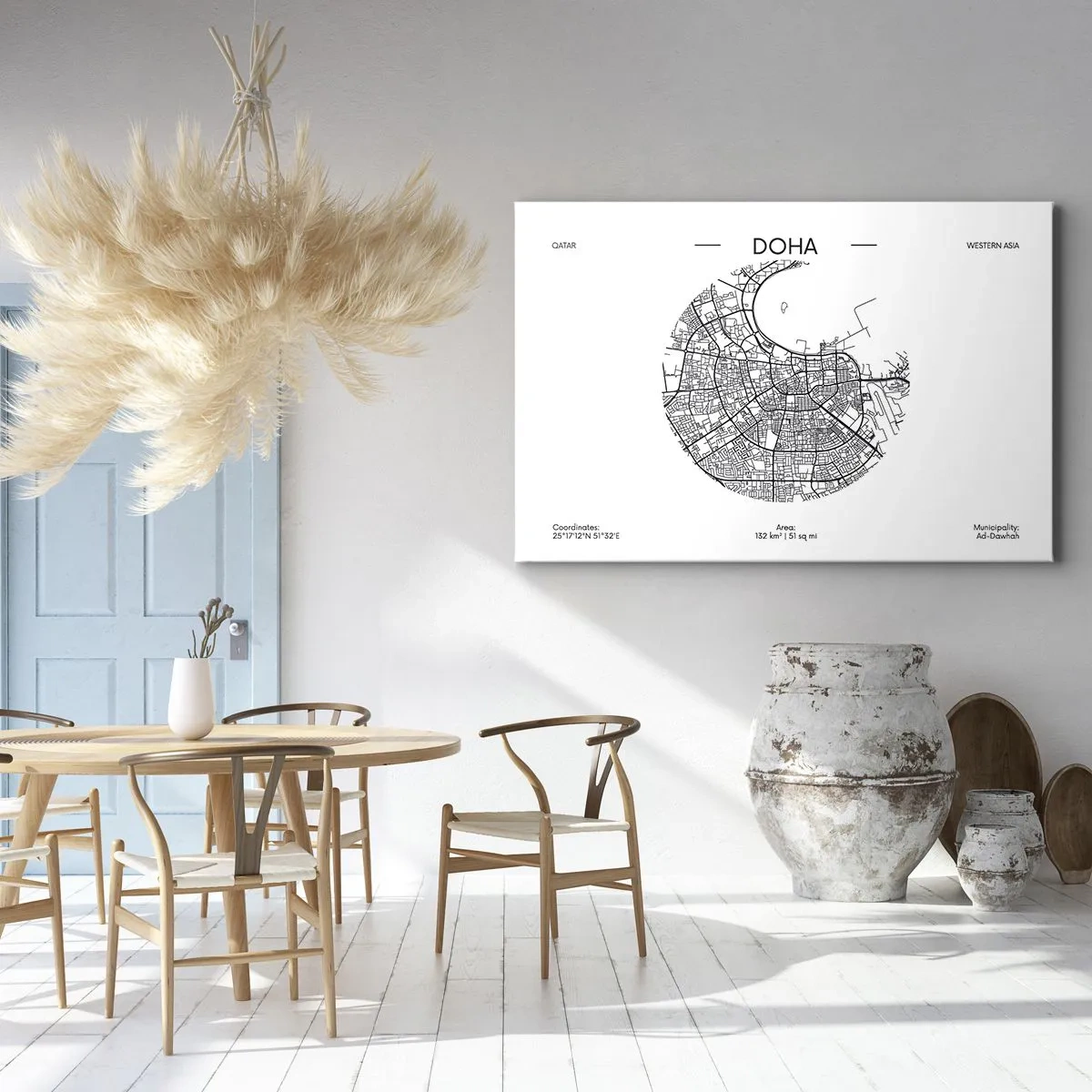 Lærredstryk - Billede på lærred - Et minimalistisk kort over Doha i sort-hvid med præcise detaljer. - 70x50cm - Dohas anatomi - Moderne vægdekoration til stue og soveværelse ARTTOR