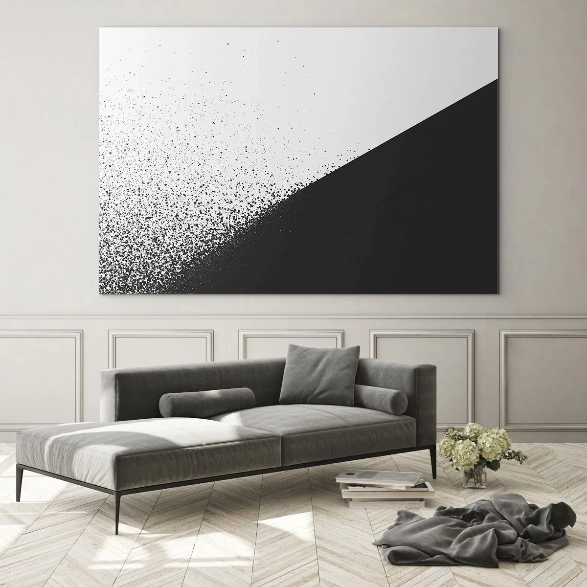 Billede på glas - En minimalistisk komposition i sort-hvid med en disintegrationseffekt - 70x50cm - Hurtigere og hurtigere, mere og mere - Moderne vægdekoration til stue og soveværelse ARTTOR