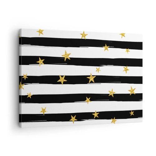 Lærredstryk - Billede på lærred - Sorte og hvide striber med guldstjerner - 70x50cm - Vi blev alle født under en heldig stjerne - Moderne vægdekoration til stue og soveværelse ARTTOR