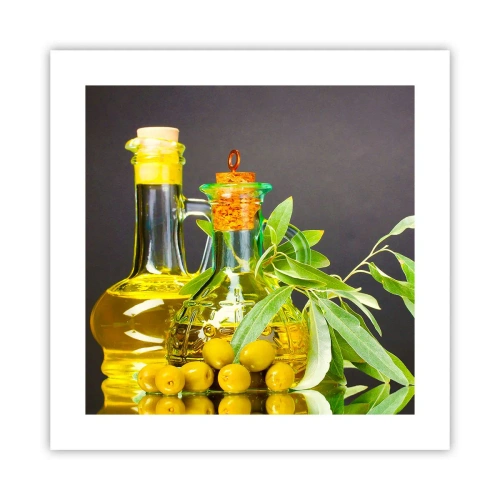 Plakat - Stilleben med oliven og olie - 40x40 cm