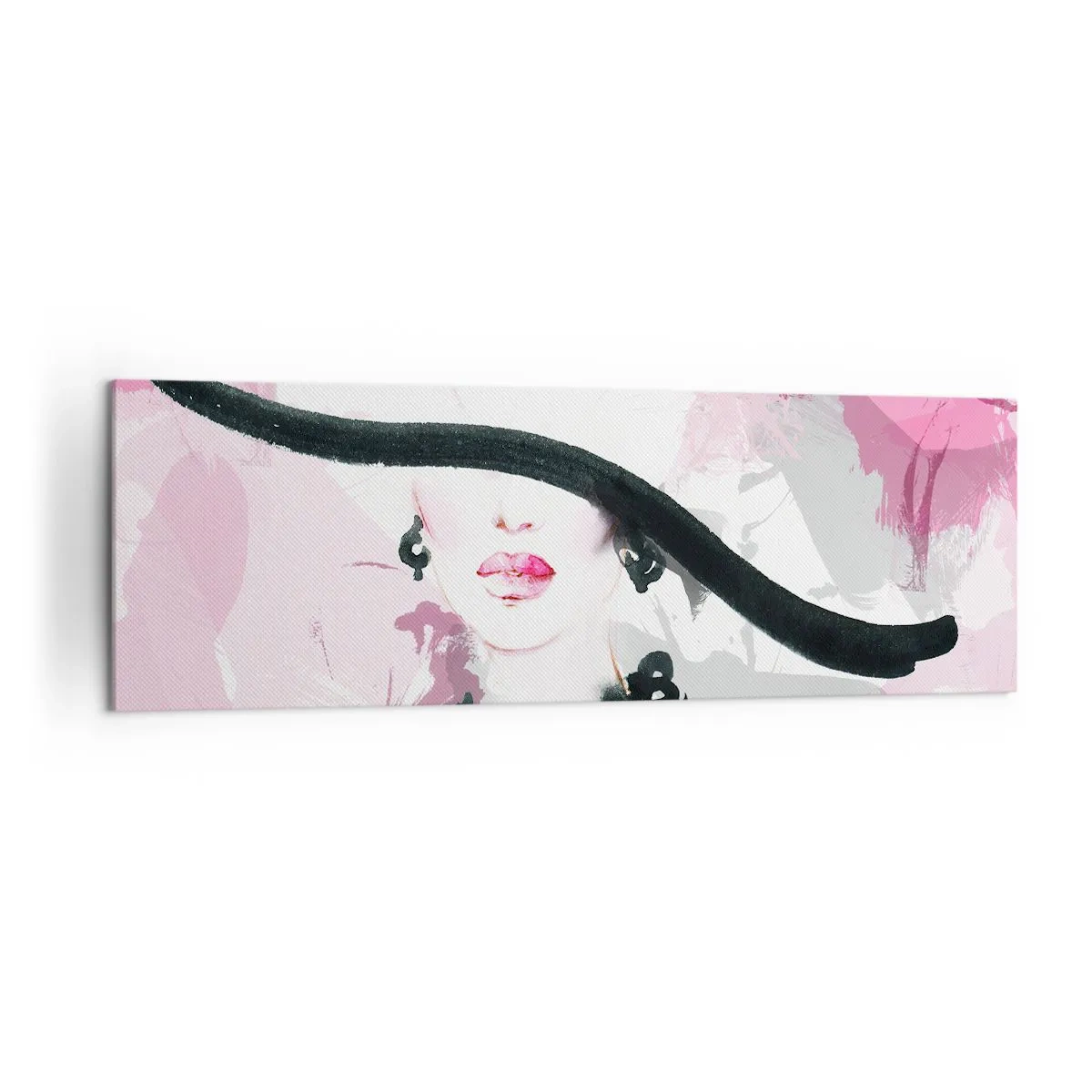 Lærredstryk - Billede på lærred - Portræt af en dame i sort og lyserødt - 160x50 cm