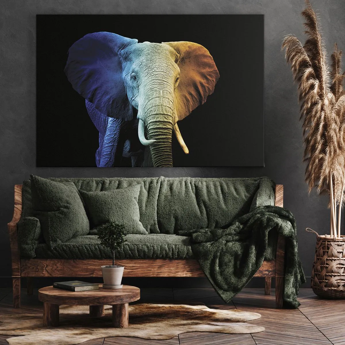 Lærredstryk - Billede på lærred - Elefantportræt i regnbuens farver - 70x50cm - Excentrisk, ikke underlig - Moderne vægdekoration til stue og soveværelse ARTTOR