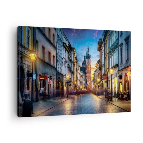 Lærredstryk - Billede på lærred - Aftengade med udsigt over Krakows domkirke - 70x50cm - Krakows charme - Moderne vægdekoration til stue og soveværelse ARTTOR