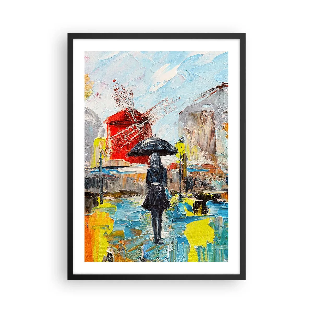 Plakat i sort ramme - En kvinde med en paraply mod en baggrund af en by i regnvejr - 50x70cm - Parisiske legender - Moderne vægdekoration til stue og soveværelse ARTTOR