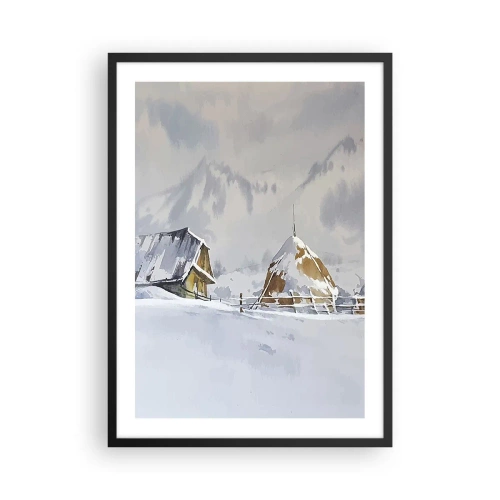 Plakat i sort ramme - Vinterlandskab med et sommerhus og en høstak i bjergene - 50x70cm - I en sneklædt dal - Moderne vægdekoration til stue og soveværelse ARTTOR