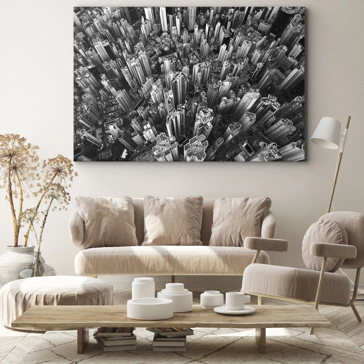 Lærredstryk - Billede på lærred - Sort-hvid fugleperspektiv over byen - 70x50cm - Stadig højere og højere - Moderne vægdekoration til stue og soveværelse ARTTOR