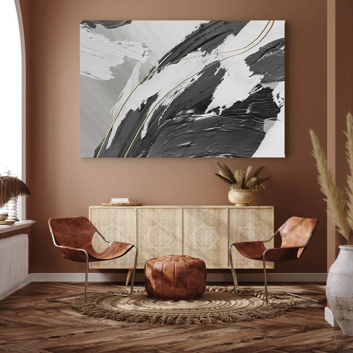 Lærredstryk - Billede på lærred - Sort-hvide malestrøg med en diskret guldfarvet accent - 70x50cm - Abstraktion med flair - Moderne vægdekoration til stue og soveværelse ARTTOR
