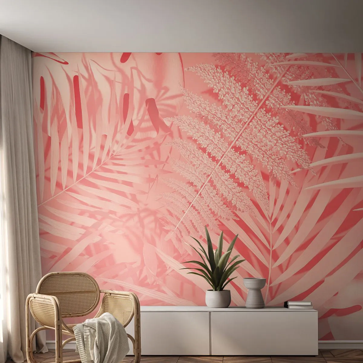 Fototapet Premium Canvas - Lyserødt koncept - Abstraktion, Palmeblad, Grafik - 250x175 cm