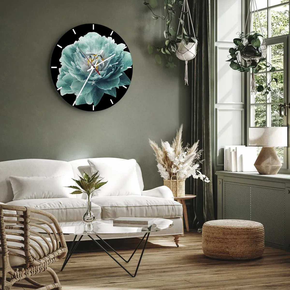 Vægur, Uret - Turkis pæonblomst på sort baggrund - 30x30cm - Blå og gyldne kronblade - Moderne vægdekoration til stue, køkken og soveværelse ARTTOR