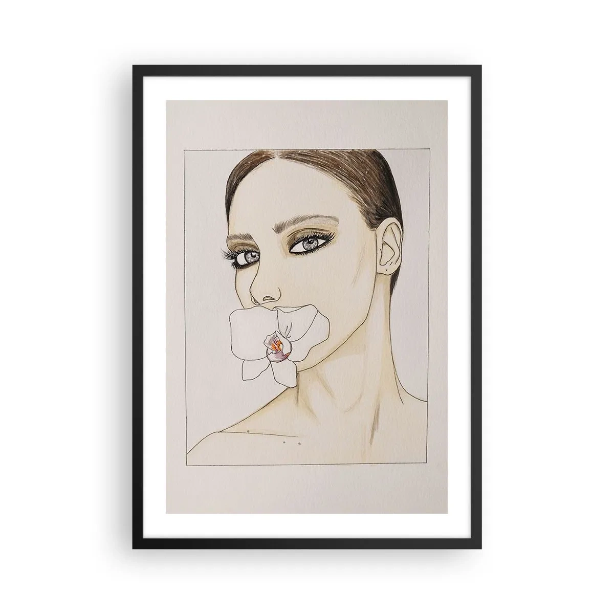 Plakat i sort ramme - Portræt af en kvinde med en orkidé på læberne - 50x70cm - Et symbol på elegance og skønhed - Moderne vægdekoration til stue og soveværelse ARTTOR