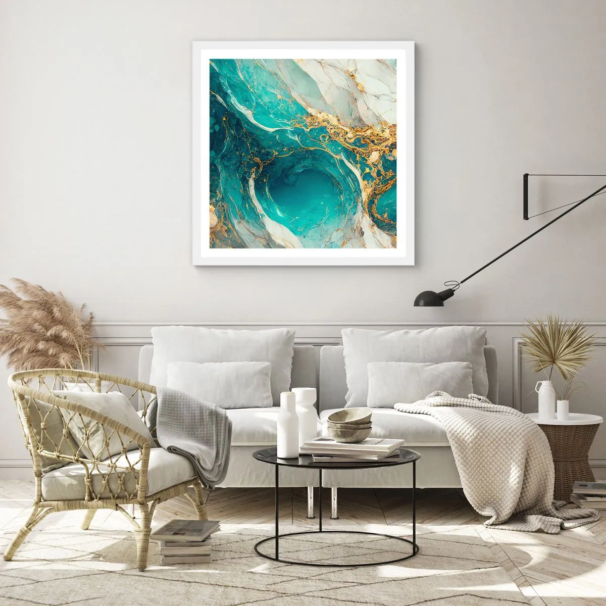 Plakat i hvid ramme - Komposition med årer af guld - 60x60 cm