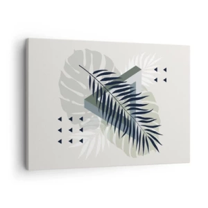 Lærredstryk - Billede på lærred - Geometrisk komposition med tropiske blade i grønne nuancer - 70x50cm - Natur og geometri - to ordener? - Moderne vægdekoration til stue og soveværelse ARTTOR
