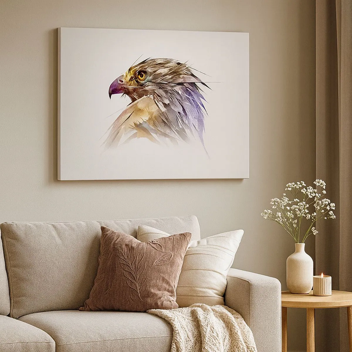 Lærredstryk - Billede på lærred - Kunstnerisk portræt af en ørn i pastelfarver - 70x50cm - Portræt af en kriger - Moderne vægdekoration til stue og soveværelse ARTTOR