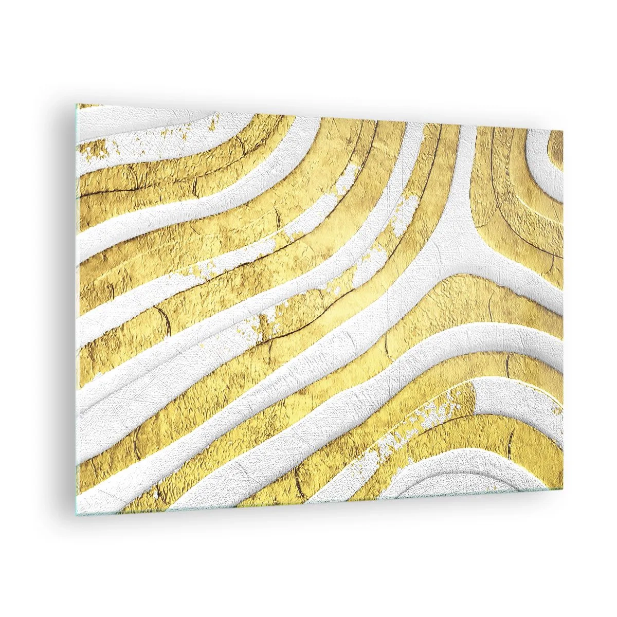 Billede på glas - Abstrakte guld- og hvide bølger med en tekstureret effekt - 70x50cm - Sammensætning i hvidt og guld - Moderne vægdekoration til stue og soveværelse ARTTOR