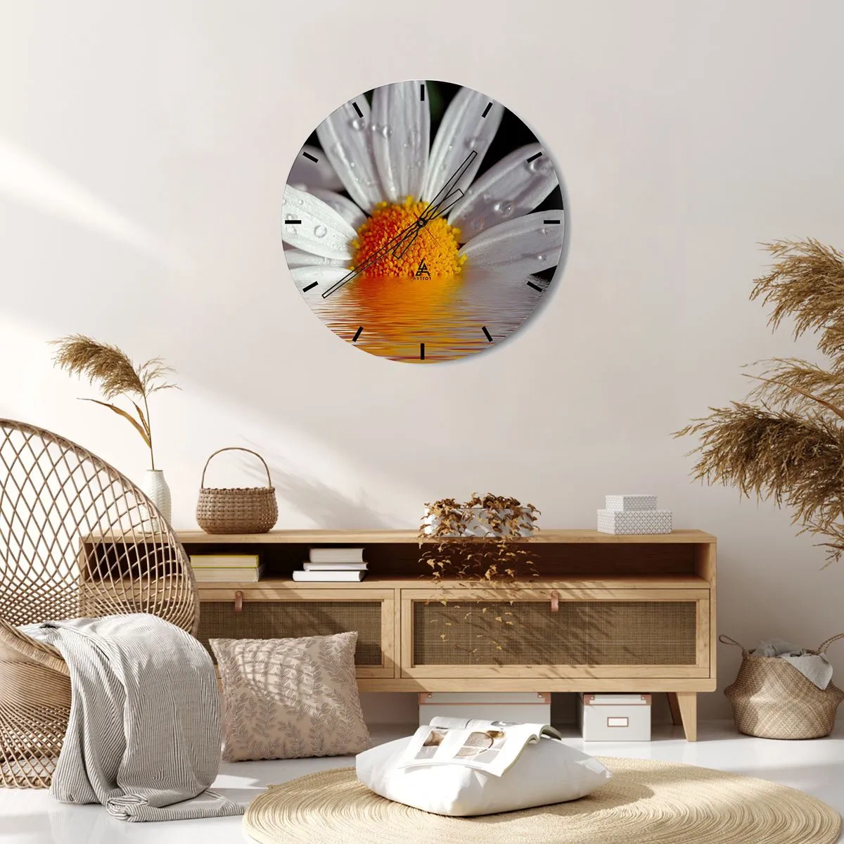 Vægur, Uret - Makro af en marguerit med vanddråber på dens kronblade - 30x30cm - Den opgående sol på margaret - Moderne vægdekoration til stue, køkken og soveværelse ARTTOR