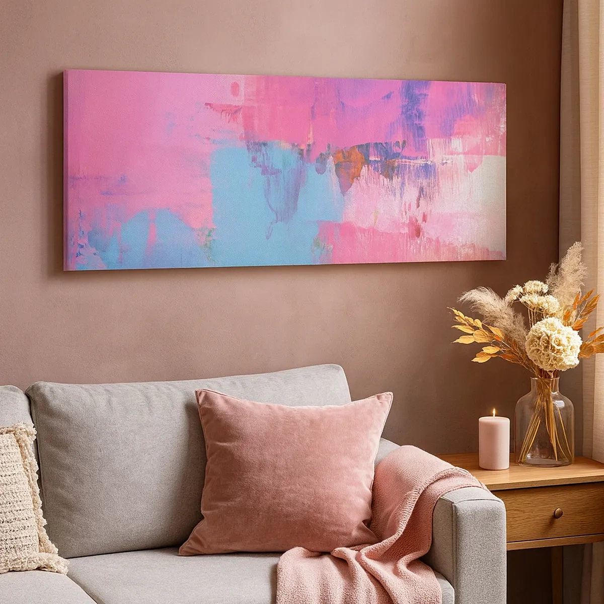 Lærredstryk - Billede på lærred - Lyserød, blå og en knivspids lys - 30x30 cm
