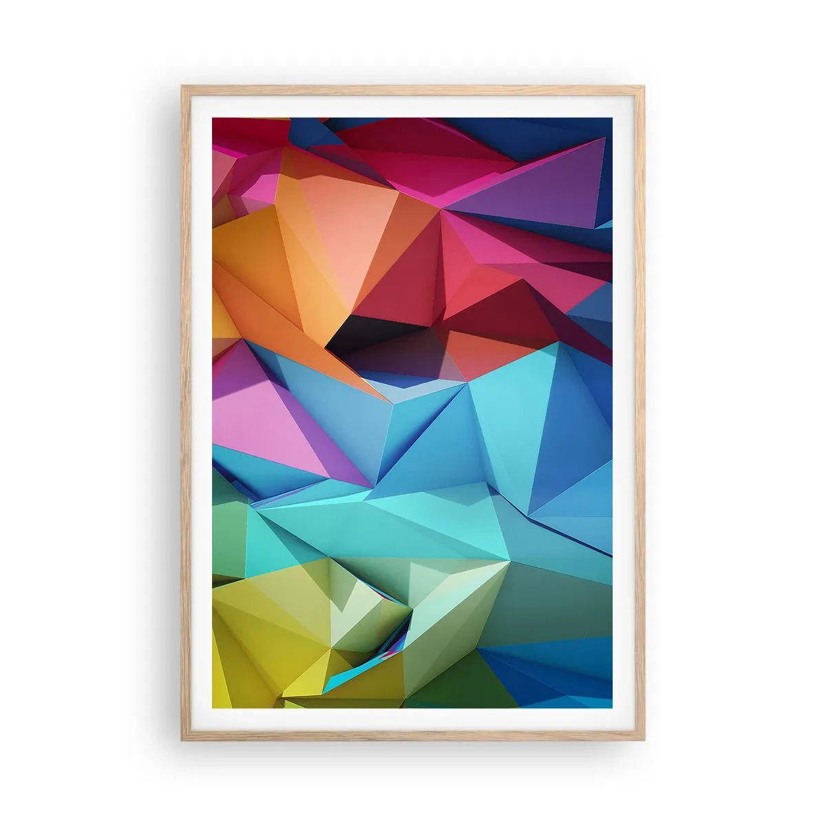 Plakat i ramme af lyst egetræ - Regnbue origami - 70x100 cm