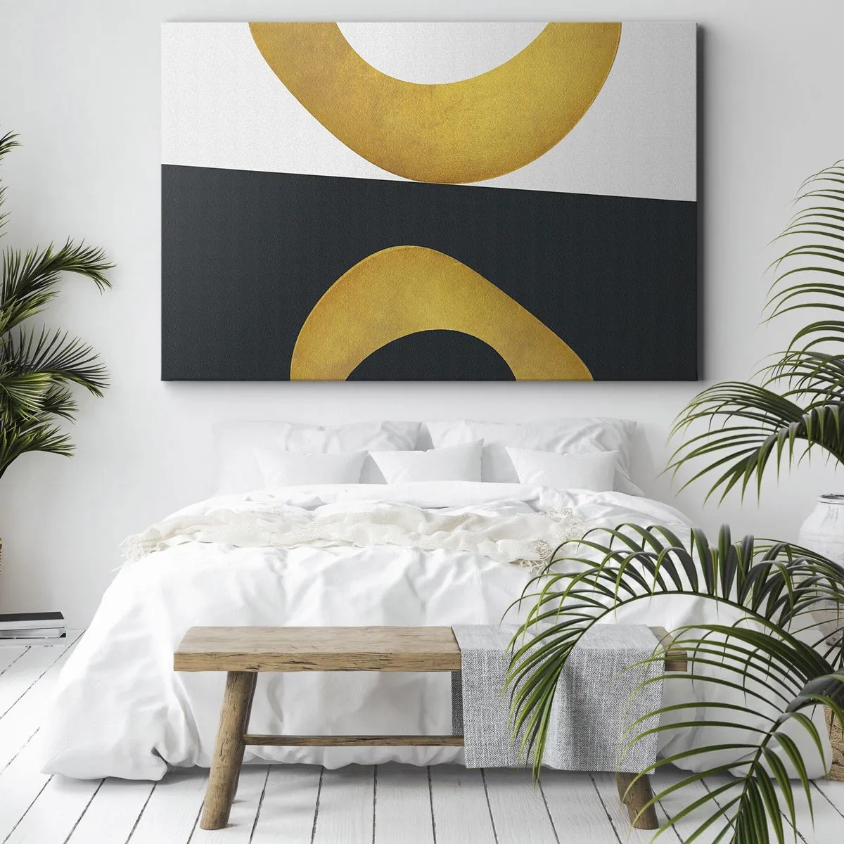 Lærredstryk - Billede på lærred - Geometriske former i guld på en hvid og mørk baggrund - 70x50cm - Først: guld - Moderne vægdekoration til stue og soveværelse ARTTOR