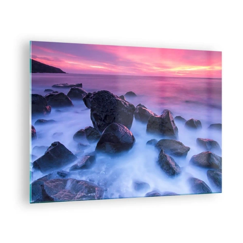 Billede på glas - Bølger, der slår mod klipperne ved solnedgang - 70x50cm - Fødsel i glimmer og tåge - Moderne vægdekoration til stue og soveværelse ARTTOR