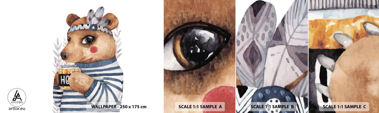 Prøve Fototapet Selvklæbende Deluxe Sticker - Søde bjørn - Abstraktion, For børn, Bjørn - 100x30 cm