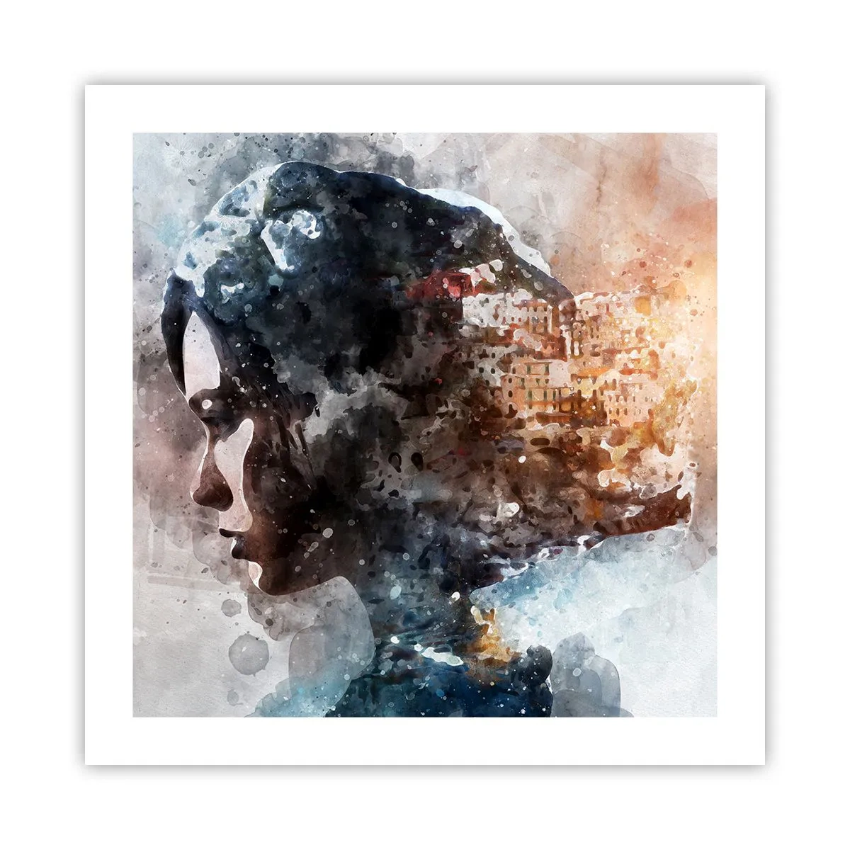 Plakat - Historien om en pige med en by i baggrunden - 50x50 cm