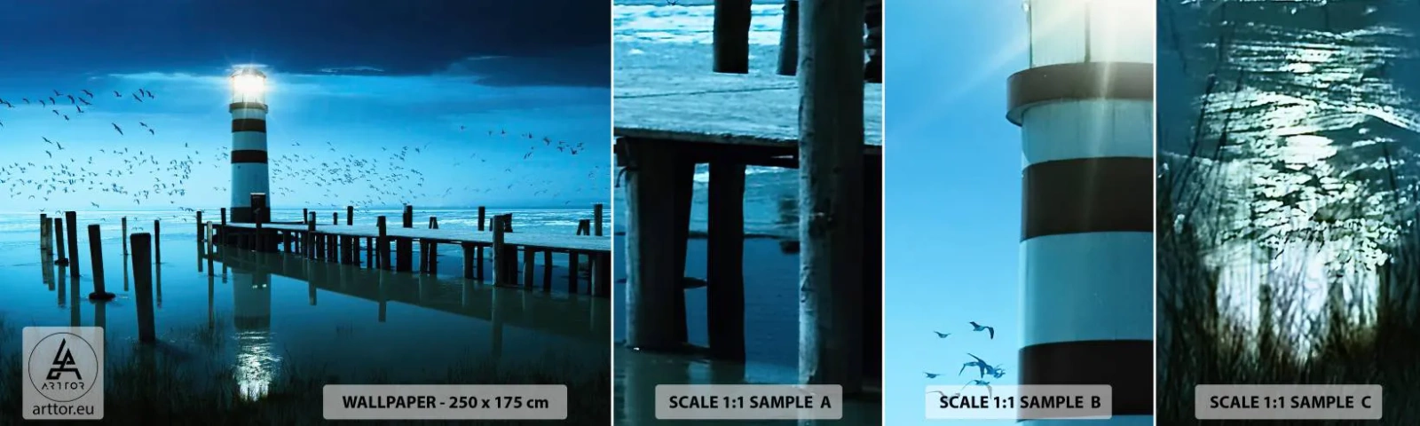 Fototapet Prøve Standard Eco - Og du er ikke bange for mørket - Landskab, Fyrtårn, træbro - 100x30 cm